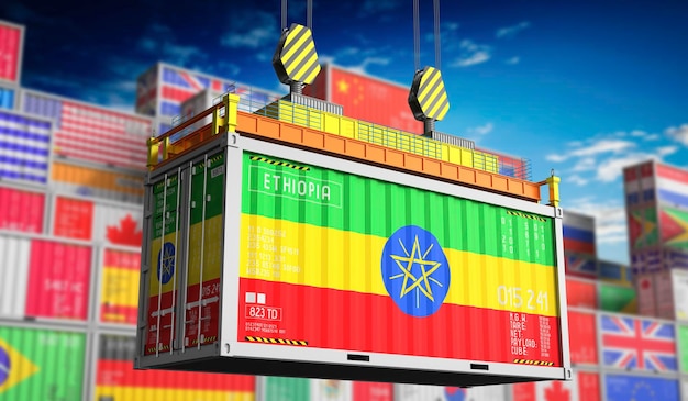 Contenedor de carga con bandera nacional de Etiopía en ilustración 3D
