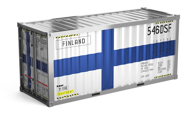 Contenedor de carga con bandera nacional de Finlandia en una ilustración 3D de fondo blanco