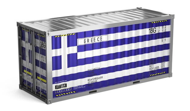 Contenedor de carga con bandera nacional de Grecia en un fondo blanco Ilustración 3D