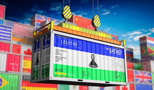 Contenedor de carga con bandera nacional de Lesotho en ilustración en 3D