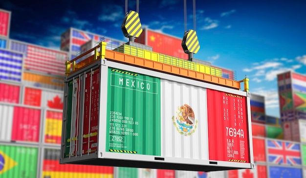 Contenedor de carga con bandera nacional de México ilustración en 3D