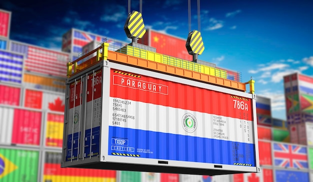Contenedor de carga con bandera nacional de Paraguay Ilustración en 3D