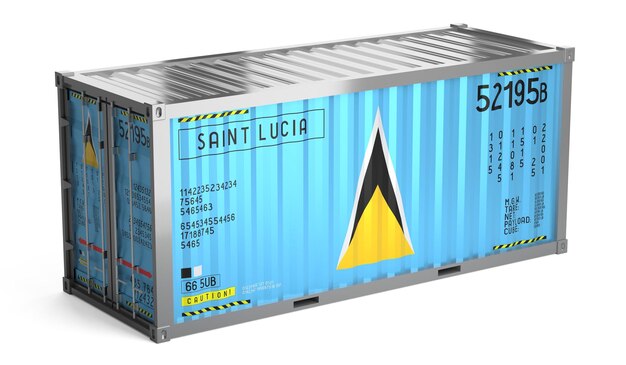 Contenedor de carga con bandera nacional de Santa Lucía en un fondo blanco Ilustración 3D