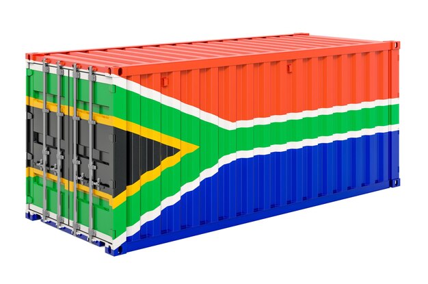 Contenedor de carga con bandera de Sudáfrica 3D renderizado aislado sobre fondo blanco