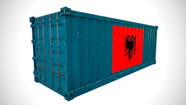 Contenedor de carga marítimo de envío de renderizado 3d aislado texturizado con bandera nacional de Albania
