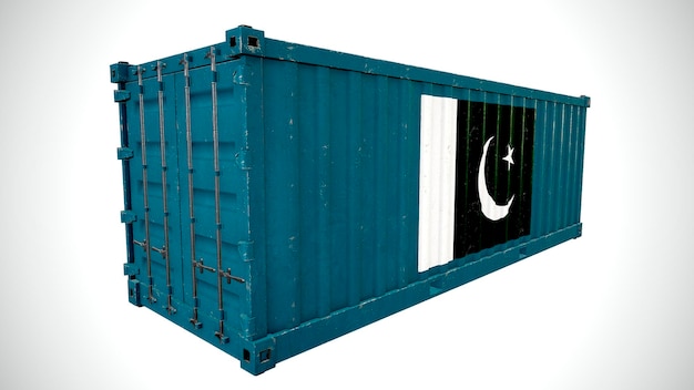 Contenedor de carga marítimo de envío de renderizado 3d aislado texturizado con bandera nacional de Pakistán