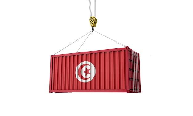 Contenedor de comercio de carga de bandera de Túnez colgando de una grúa d render