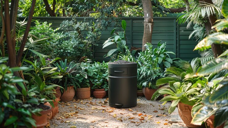 Un contenedor de compost moderno rodeado de exuberante vegetación y plantas en macetas en un jardín vibrante
