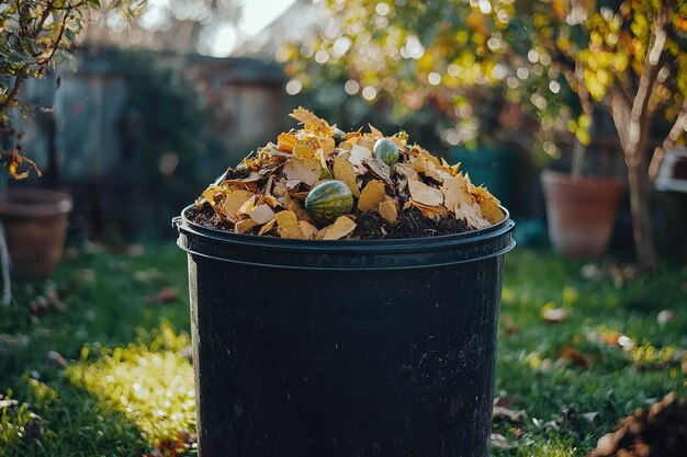 Un contenedor de compost negro lleno de hojas y calabazas