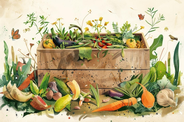 Un contenedor de compost rústico ilustrado en un jardín de verduras lleno de diversas plantas