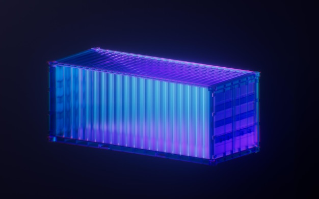 Contenedor con efecto de luz de neón oscuro representación 3D