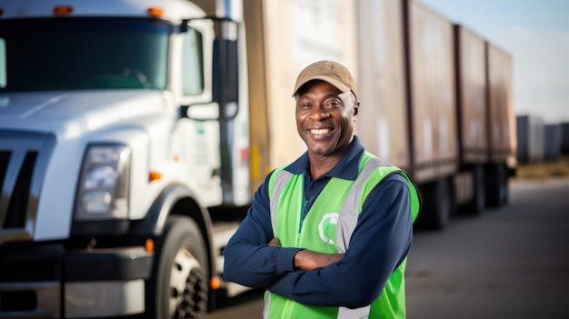 Contenedor de entrega y conductor de camión feliz moviendo carga y carga de la industria en un suministro de envío