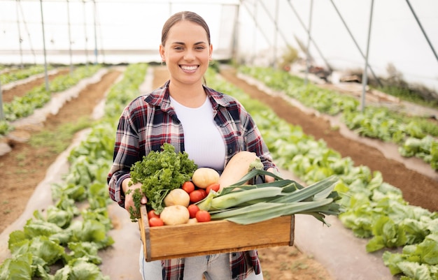 Contenedor de invernadero y agricultor cosechan vegetales para agricultura ecológica estilo de vida nutricionista o agricultura pequeña empresa Crecimiento sostenible campo agrícola orgánico o mujer con caja de productos