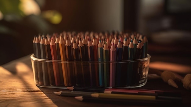 Un contenedor de lápices de colores se sienta sobre una mesa.