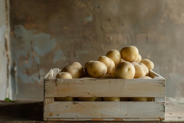Contenedor de madera rústico con patatas jóvenes