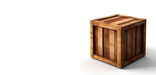 Contenedor de madera sobre un fondo blanco con espacio para el texto Cubo de madera regular Cubo de madeira adecuado