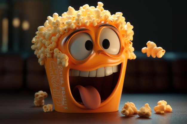 Foto un contenedor de palomitas de maíz de dibujos animados con una cara que dice 