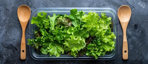 Contenedor de plástico con lechuga y cucharas de madera