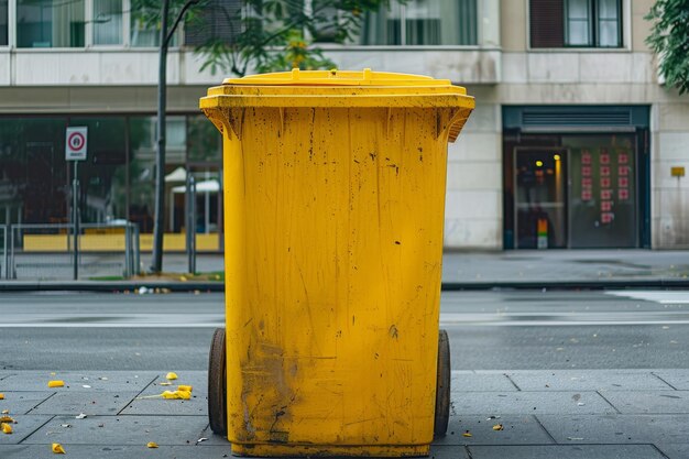 Foto un contenedor de reciclaje amarillo está en la calle.