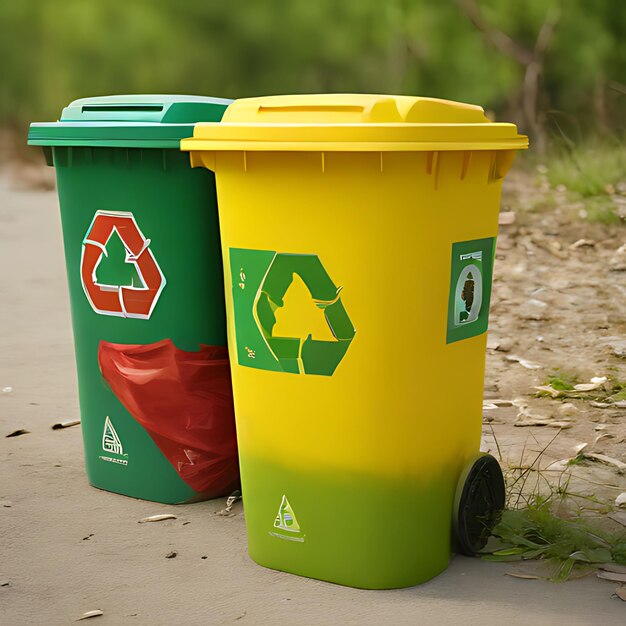Foto un contenedor de reciclaje amarillo con un logotipo verde y rojo