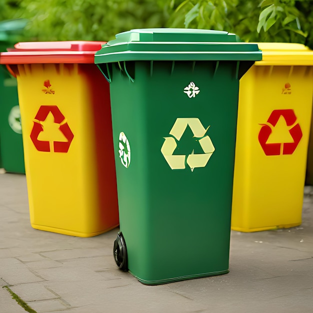 un contenedor de reciclaje verde y amarillo con un logotipo de reciclado en él