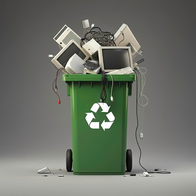 Un contenedor de reciclaje verde repleto de aparatos electrónicos viejos, incluidos monitores y cables