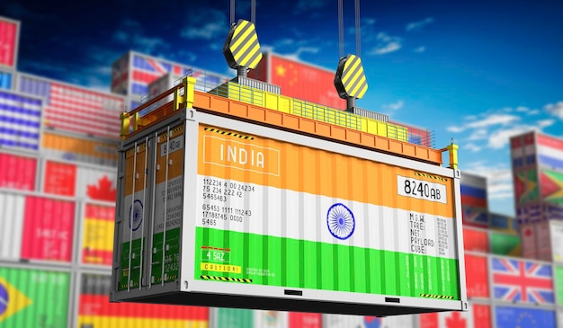 Contenedor de transporte de mercancías con la bandera nacional de la India ilustración en 3D