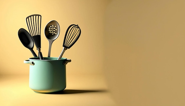 Un contenedor verde con un juego de utensilios de cocina.