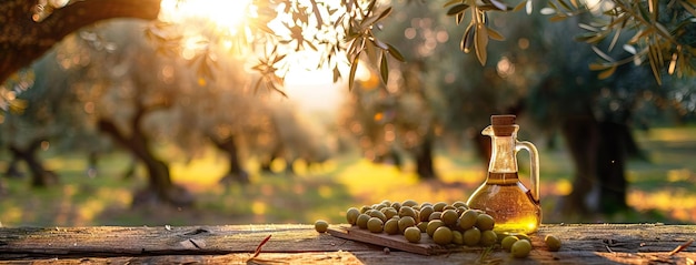 Contenedor de vidrio con aceite de oliva en una mesa de madera con ramas y aceitunas en un campo de cultivos lleno de olivos con sol. Ilustración generada por IA