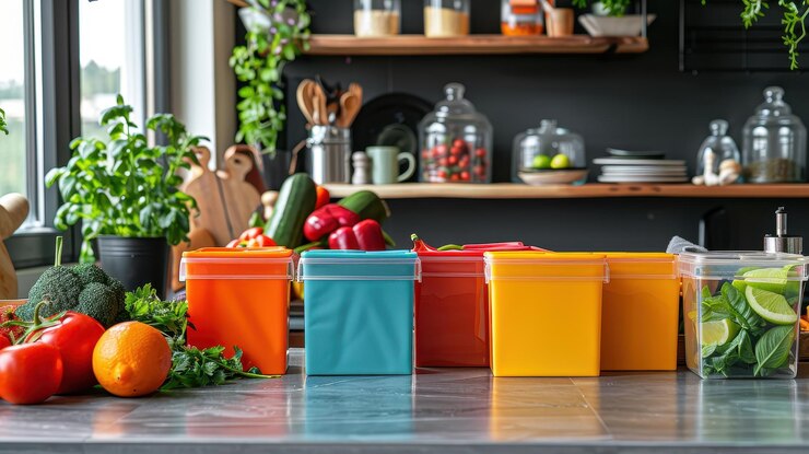 Contenedores de almacenamiento de cocina coloridos en el mostrador