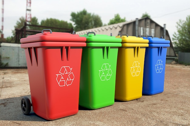 Foto contenedores de basura de basura multicolor sobre fondo industrial