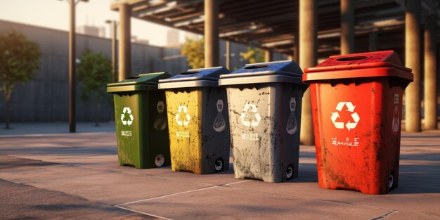 contenedores de basura con símbolo de reciclaje IA generativa