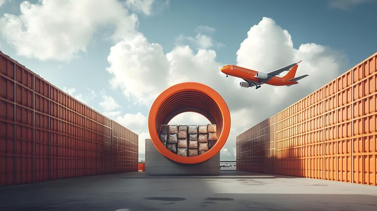 Contenedores de carga avión naranja y estructura circular