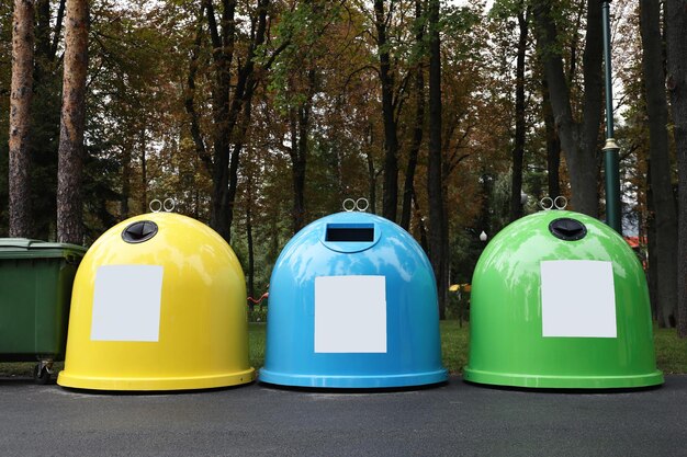 Contenedores de clasificación de residuos en el parque el día de otoño