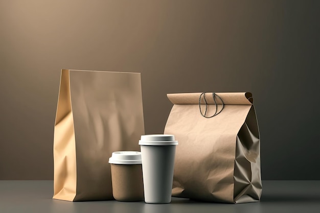 Contenedores de entrega para comida para llevar Taza de café de papel con comida envasada Ai generativo