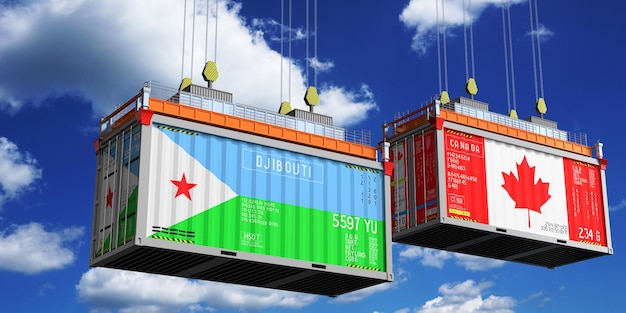 Contenedores de envío con banderas de Djibouti y Canadá Ilustración 3D