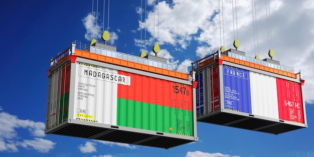 Contenedores de envío con banderas de Madagascar y Francia Ilustración en 3D