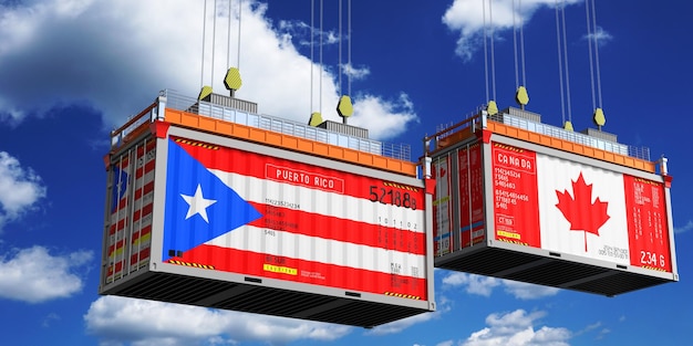 Contenedores de envío con banderas de Puerto Rico y Canadá Ilustración 3D