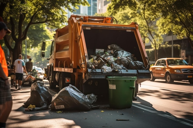 Los contenedores estallados abarrotan la calle el camión de basura sobrecargado estacionado en medio del zumbido de la ciudad