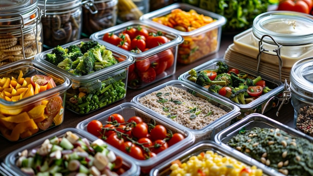 Contenedores de preparación de comidas saludables con verduras y granos frescos