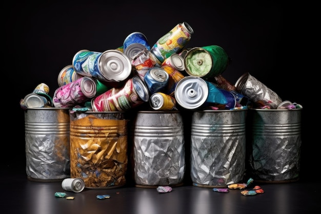 Contenedores de reciclaje de aluminio llenos de latas creadas con AI generativa