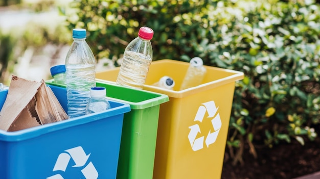Contenedores de reciclaje para botellas de plástico y cartón en un entorno exterior