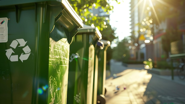 Los contenedores de reciclaje de ciudadanos conscientes del medio ambiente promueven la sostenibilidad en las áreas urbanas a través de sistemas de gestión de residuos Rendering 3D Luz solar suave Lente Flare Visión de bajo ángulo