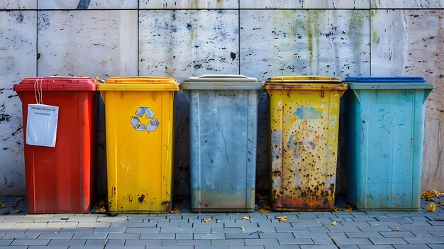 Los contenedores de reciclaje frente a la pared del edificio