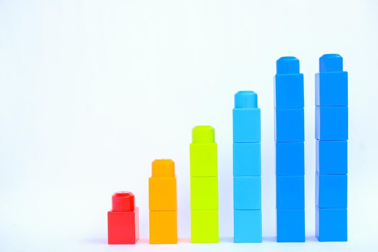 Foto contenido de gráficos y gráficos comerciales bloques de construcción de plástico de colores sobre fondo blanco