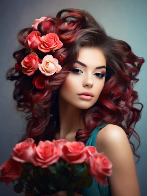 contenido hermosa chica con un ramo de rosas en el cabello hermoso y el color del cabello lleno