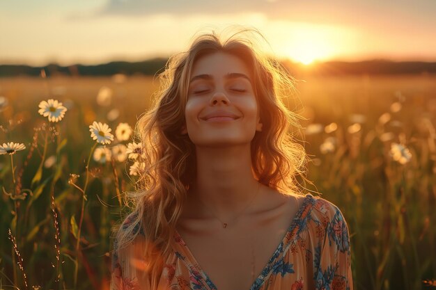 Contenido hermoso mujer libre sonriente en un retrato retroiluminado Generativo Ai