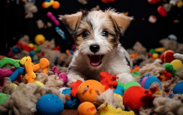 Contentamento canino, sorriso satisfeito em meio à carnificina de brinquedos