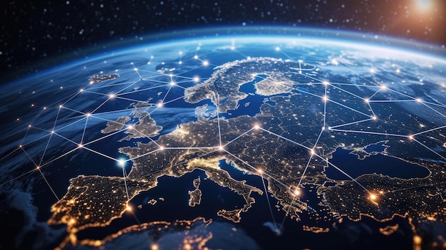 Contexto de la red mundial cuadrícula poligonal digital en la Tierra globo en el espacio concepto de tecnología de mapa de conexión en todo el mundo Europa Internet