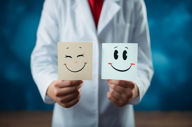Foto en un contexto de salud mental, un médico presenta un papel con cara feliz y triste.